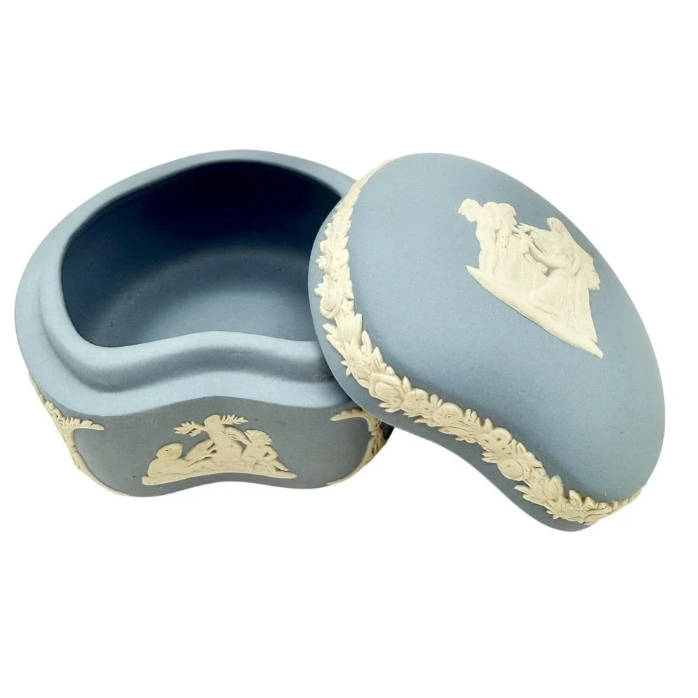 Vintage Wedgwood Blue Jasperware Trinket Box & Pin Dish Set Neoclassical Vanity